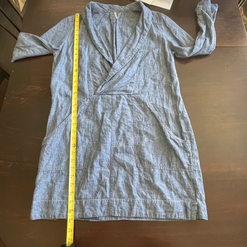 Free People Blue Linen Cotton Chambray Surplice Shawl Collar Mini Dress Womens M